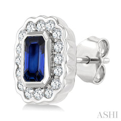5X3 MM Octagon Shape Sapphire and 1/4 Ctw Round Cut Diamond Bold Precious Earrings in 10K White Gold