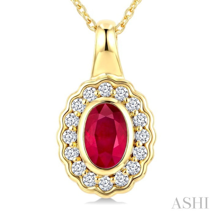 6X4 MM Oval Shape Ruby and 1/6 Ctw Round Cut Diamond Bold Precious Pendant With Chain in 10K Yellow Gold