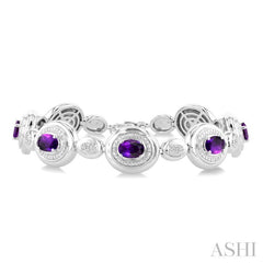 7X5 MM Oval Shape Amethyst and 1/10 Ctw Round Cut Diamond Bold Bracelet in Sterling Silver