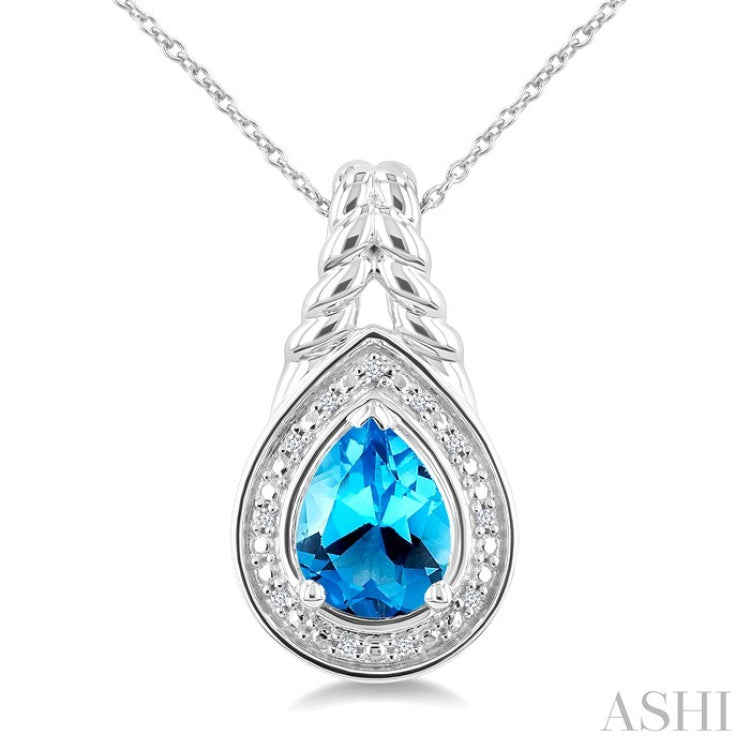 9X6MM Pear Cut Blue Topaz and 1/20 Ctw Round Cut Diamond Semi-Precious Pendant With Chain in Sterling Silver