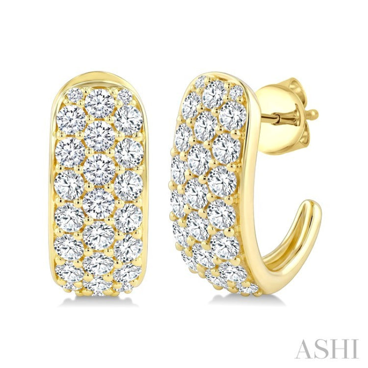 2 Ctw Triple Row Round Cut Diamond Fashion Half Hoop Earrings in 14K Yellow Gold