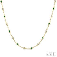 1.9 MM Round Shape Emerald and 1/2 Ctw Round Cut Diamond Precious Station Necklace in 14K Yellow Gold