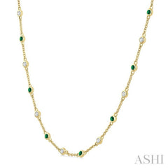 1.9 MM Round Shape Emerald and 1/2 Ctw Round Cut Diamond Precious Station Necklace in 14K Yellow Gold