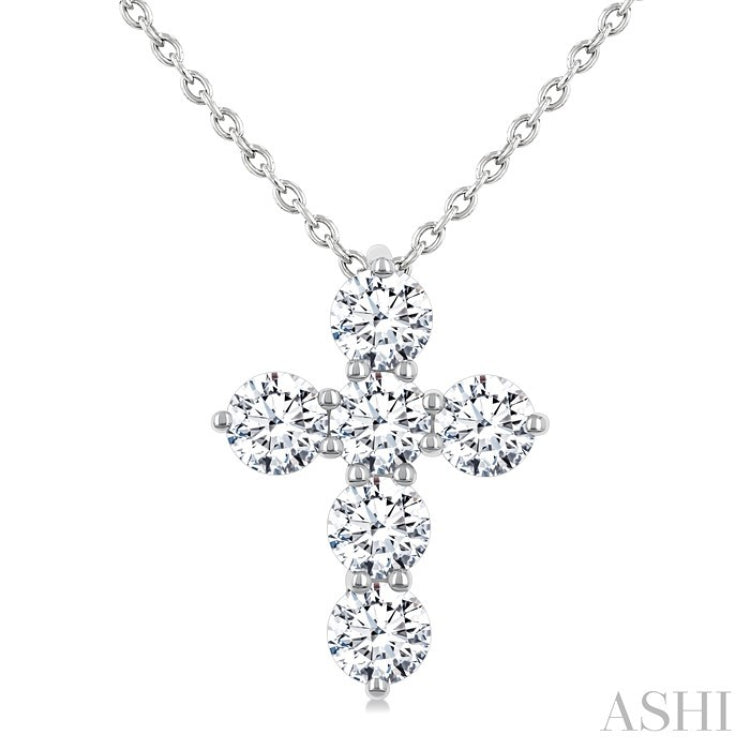 1 Ctw 6-Stone Round Cut Diamond Fashion Cross Pendant With Chain in 14K White Gold