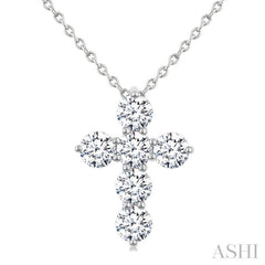 1 Ctw 6-Stone Round Cut Diamond Fashion Cross Pendant With Chain in 14K White Gold