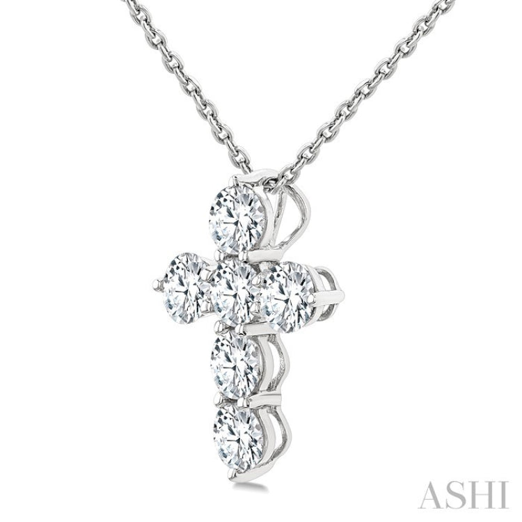 1 Ctw 6-Stone Round Cut Diamond Fashion Cross Pendant With Chain in 14K White Gold