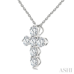 1 Ctw 6-Stone Round Cut Diamond Fashion Cross Pendant With Chain in 14K White Gold