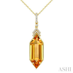 22X8 MM Evoque Gemstone Hexagon Shape Citrine and 1/10 Ctw Round Cut Diamond Semi-Precious Pendant With Chain in 14K Yellow Gold