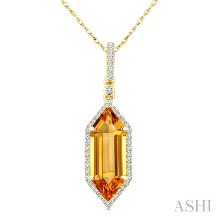 16X6 MM Evoque Gemstone Hexagon Shape Citrine and 1/5 Ctw Round Cut Diamond Semi-Precious Pendant With Chain in 10K Yellow Gold