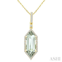 16X6 MM Evoque Gemstone Hexagon Shape Green Amethyst and 1/5 Ctw Round Cut Diamond Semi-Precious Pendant With Chain in 10K Yellow Gold