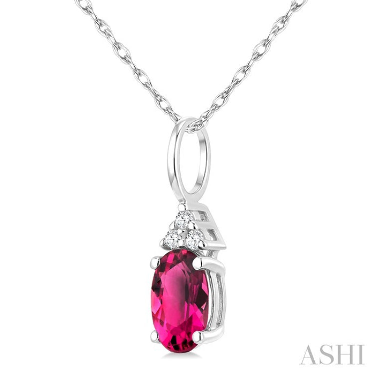 1/50 Ctw Oval Cut 6X4 MM Pink Tourmaline and Round Cut Diamond Semi-Precious Pendant With Chain in 10K White Gold