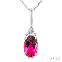 1/50 Ctw Oval Cut 6X4 MM Pink Tourmaline and Round Cut Diamond Semi-Precious Pendant With Chain in 10K White Gold