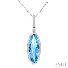 16X6 MM Evoque Gemstones Oval Shape Blue Topaz and 1/5 Ctw Round Cut Diamond Semi-Precious Pendant With Chain in 10K White Gold