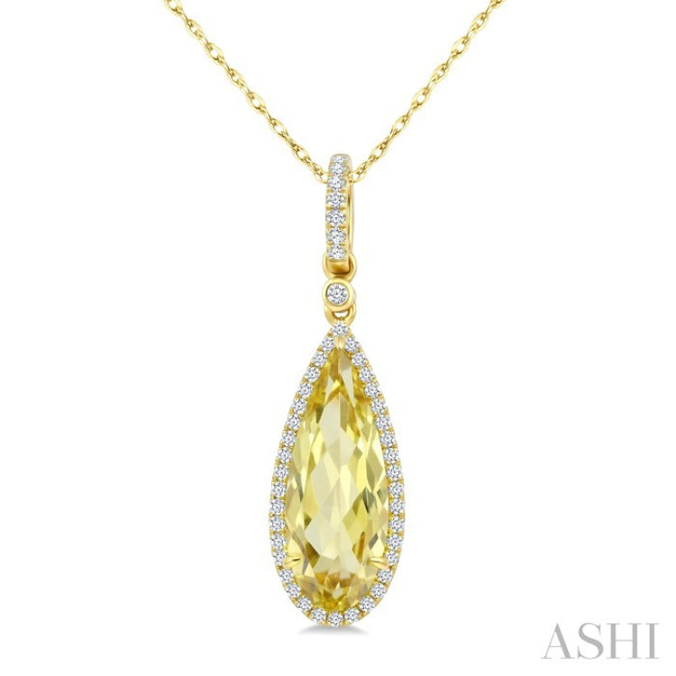 16X6 MM Evoque Gemstones Pear Shape Lemon Quartz and 1/5 Ctw Round Cut Diamond Semi-Precious Pendant With Chain in 10K Yellow Gold