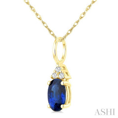 1/50 Ctw Oval Cut 6X4 MM Sapphire and Round Cut Diamond Precious Pendant With Chain in 10K Yellow Gold