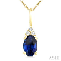 1/50 Ctw Oval Cut 6X4 MM Sapphire and Round Cut Diamond Precious Pendant With Chain in 10K Yellow Gold