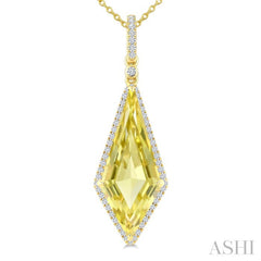 22X9 MM Evoque Gemstones Kite Shape Lemon Quartz and 1/4 Ctw Round Cut Diamond Semi-Precious Pendant With Chain in 14K Yellow Gold