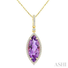 16X7 MM Evoque Gemstones Marquise Shape Amethyst and 1/5 Ctw Round Cut Diamond Semi-Precious Pendant With Chain in 10K Yellow Gold