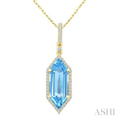 16X6 MM Evoque Gemstones Hexagon Shape Blue Topaz and 1/5 Ctw Round Cut Diamond Semi-Precious Pendant With Chain in 10K Yellow Gold