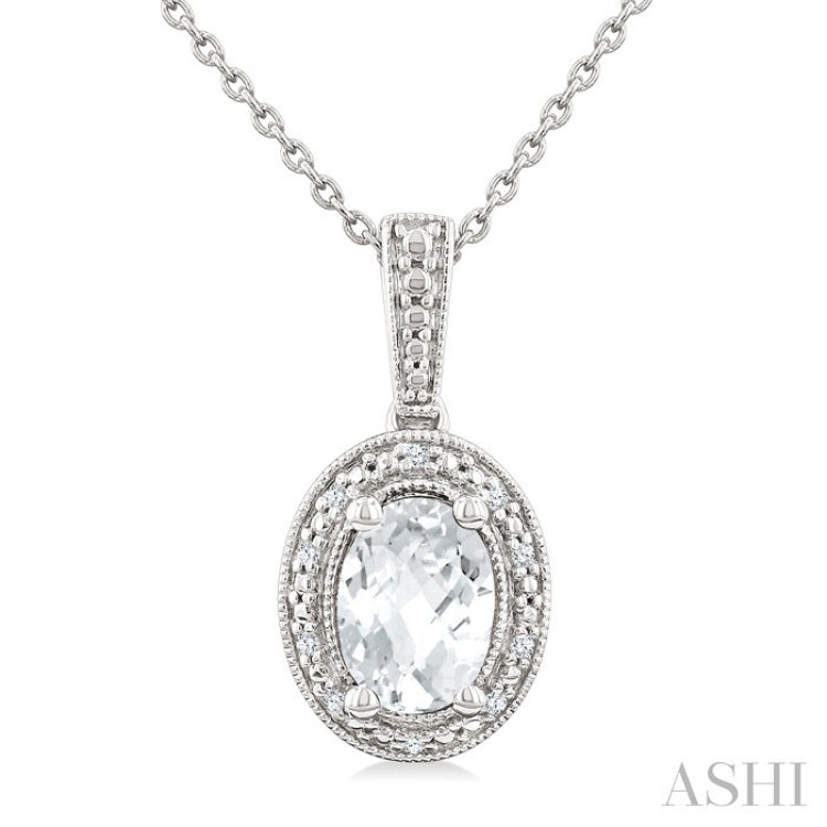 6X4 MM Oval Shape White Topaz and 1/50 Ctw Round Cut Diamond Semi-Precious Pendant With Chain in Sterling Silver