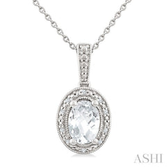 6X4 MM Oval Shape White Topaz and 1/50 Ctw Round Cut Diamond Semi-Precious Pendant With Chain in Sterling Silver