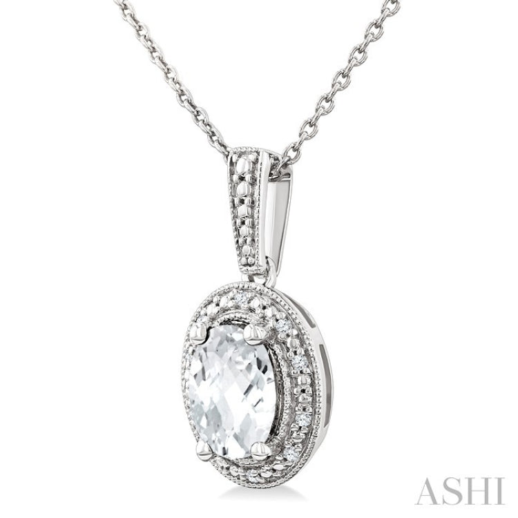 6X4 MM Oval Shape White Topaz and 1/50 Ctw Round Cut Diamond Semi-Precious Pendant With Chain in Sterling Silver