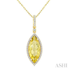 16X7 MM Evoque Gemstones Marquise Shape Lemon Quartz and 1/5 Ctw Round Cut Diamond Semi-Precious Pendant With Chain in 10K Yellow Gold