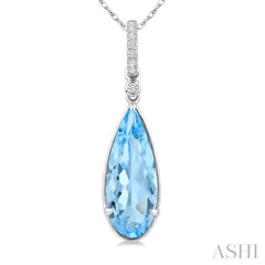 16X6 MM Evoque Gemstones Pear Shape Blue Topaz and 1/20 Ctw Round Cut Diamond Semi-Precious Pendant With Chain in 10K White Gold