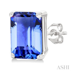 6X4 MM Octagon Shape Tanzanite Precious Gemstone Stud Earrings in 14K White Gold