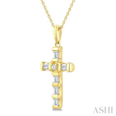 1/20 Ctw Baguette and Round Cut Diamond  Cross Shape Fashion Pendant With Chain in 10K Yellow Gold