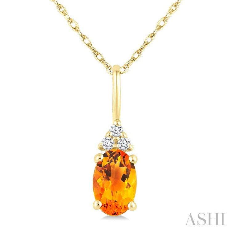 1/50 Ctw Oval Cut 6X4 MM Citrine and Round Cut Diamond semi-precious Pendant With Chain in 10K Yellow Gold