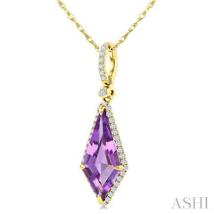 16X7 MM Evoque Gemstones Kite Shape Amethyst and 1/5 Ctw Round Cut Diamond Semi-Precious Pendant With Chain in 10K Yellow Gold