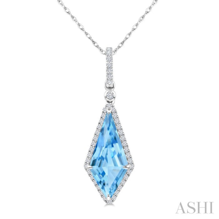 16X7 MM Evoque Gemstones Kite Shape Blue Topaz and 1/5 Ctw Round Cut Diamond Semi-Precious Pendant With Chain in 10K White Gold