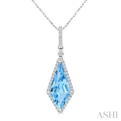 16X7 MM Evoque Gemstones Kite Shape Blue Topaz and 1/5 Ctw Round Cut Diamond Semi-Precious Pendant With Chain in 10K White Gold