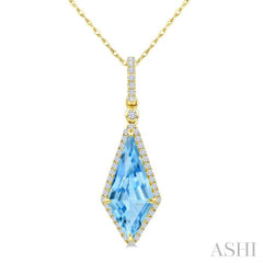 16X7 MM Evoque Gemstones Kite Shape Blue Topaz and 1/5 Ctw Round Cut Diamond Semi-Precious Pendant With Chain in 10K Yellow Gold