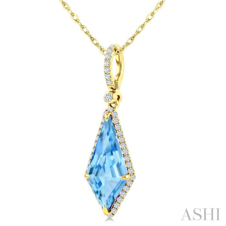 16X7 MM Evoque Gemstones Kite Shape Blue Topaz and 1/5 Ctw Round Cut Diamond Semi-Precious Pendant With Chain in 10K Yellow Gold
