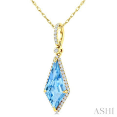 16X7 MM Evoque Gemstones Kite Shape Blue Topaz and 1/5 Ctw Round Cut Diamond Semi-Precious Pendant With Chain in 10K Yellow Gold