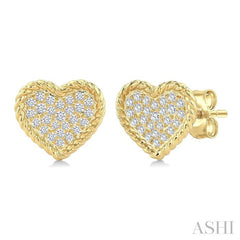 1/5 Ctw Round Cut Diamond Rope Border Heart Motif Fashion Stud Earring in 10K Yellow Gold