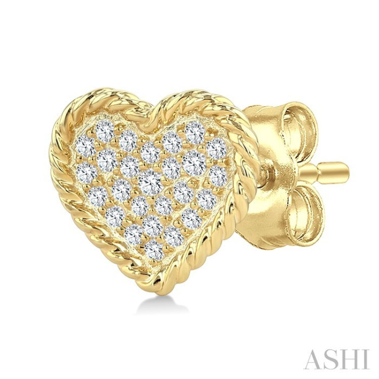 1/5 Ctw Round Cut Diamond Rope Border Heart Motif Fashion Stud Earring in 10K Yellow Gold