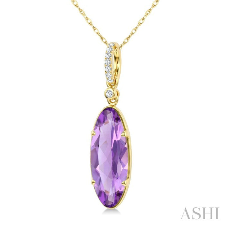 16X6 MM Evoque Gemstones Oval Shape Amethyst and 1/20 Ctw Round Cut Diamond Semi-Precious Pendant With Chain in 10K Yellow Gold