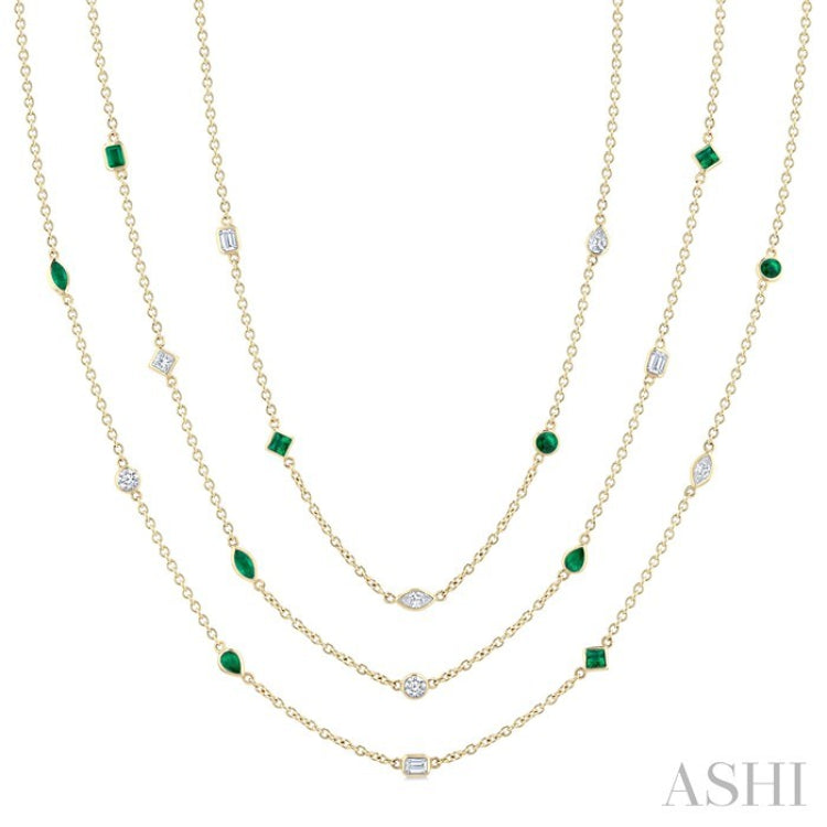 Mixed Shape Emerald and 2 1/2 Ctw Round Cut Diamond Precious Necklace in 14K Yellow Gold