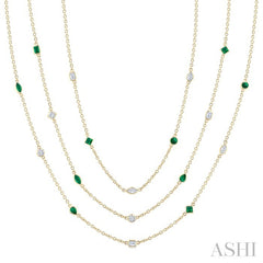 Mixed Shape Emerald and 2 1/2 Ctw Round Cut Diamond Precious Necklace in 14K Yellow Gold
