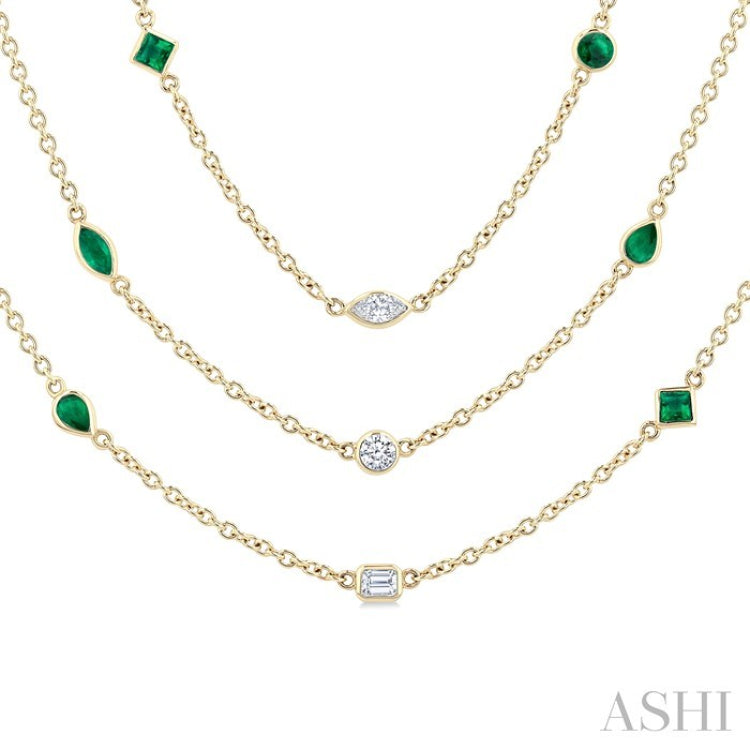 Mixed Shape Emerald and 2 1/2 Ctw Round Cut Diamond Precious Necklace in 14K Yellow Gold