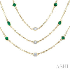 Mixed Shape Emerald and 2 1/2 Ctw Round Cut Diamond Precious Necklace in 14K Yellow Gold