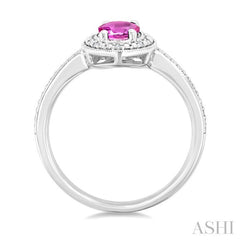7X5 MM Oval Shape Lab-Created Pink Sapphire and 1/50 Ctw Round Cut Diamond Precious Ring in Sterling Silver