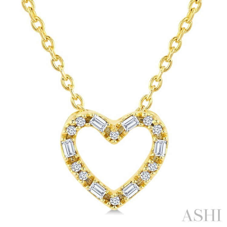 1/10 Ctw Baguette and Round Cut Diamond  Heart Shape Fashion Pendant With Chain in 10K Yellow Gold