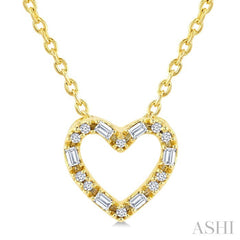 1/10 Ctw Baguette and Round Cut Diamond  Heart Shape Fashion Pendant With Chain in 10K Yellow Gold