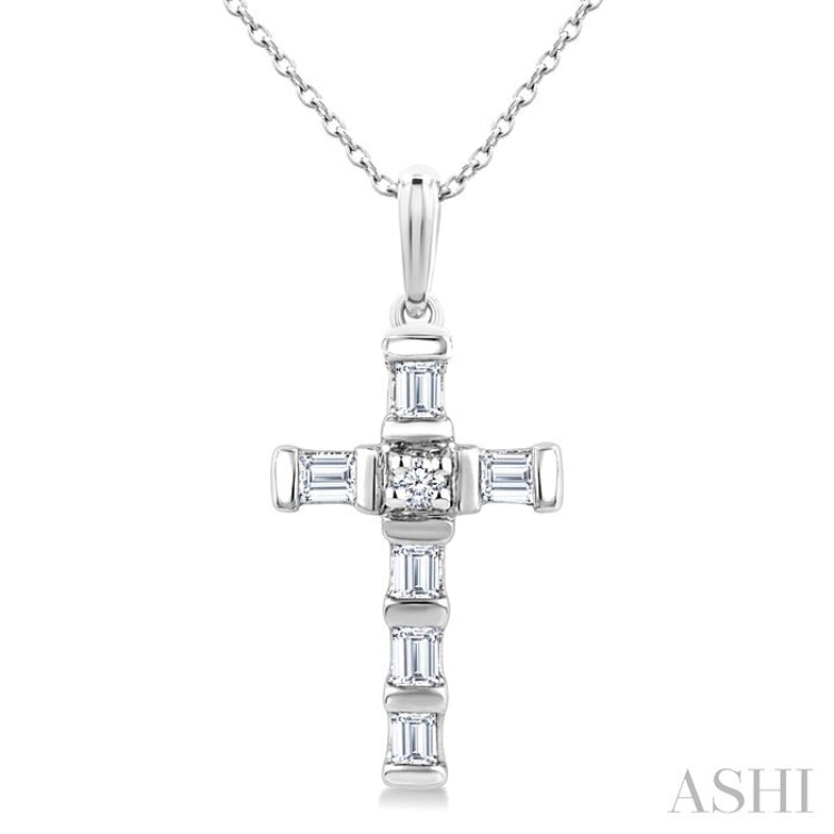 1/20 Ctw Baguette and Round Cut Diamond Cross Shape Fashion Pendant With Chain in 10K White Gold