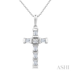 1/20 Ctw Baguette and Round Cut Diamond Cross Shape Fashion Pendant With Chain in 10K White Gold