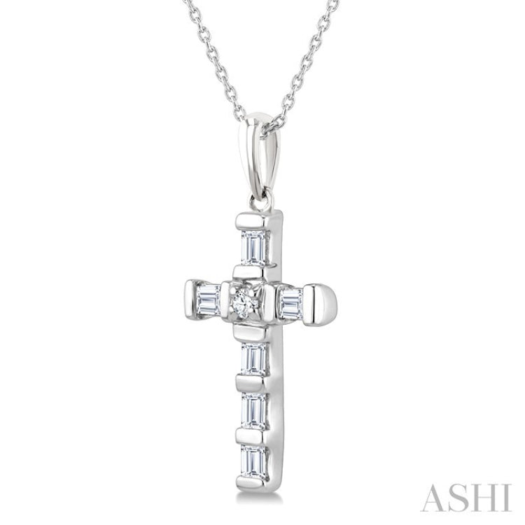1/20 Ctw Baguette and Round Cut Diamond Cross Shape Fashion Pendant With Chain in 10K White Gold
